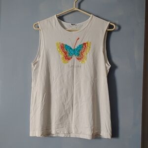 Vintage 1970s Sequin Multicolor Butterfly White Cotton Tank Top M